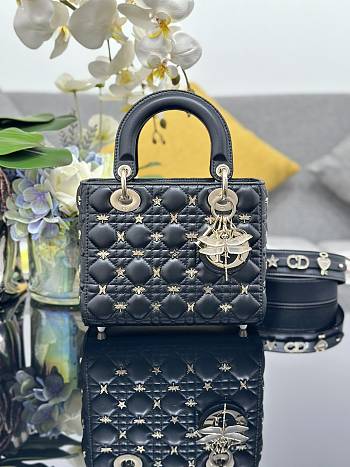 Fortok Dior Lady My Four-grid Dragonfly Stud Black Bag 20x16.5x8cm