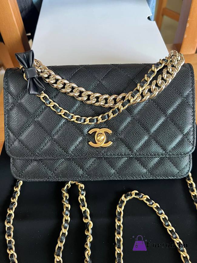 Fortok Chanel Bow Wallet On Chain Crossbody Bag Black 19cm - 1