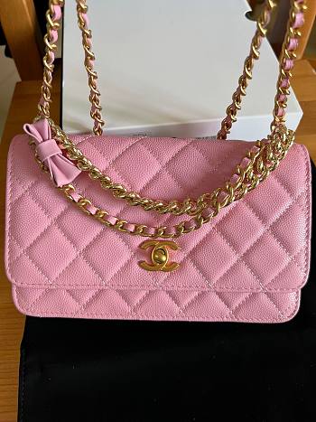 Fortok Chanel Bow Wallet On Chain Crossbody Bag Pink 19cm