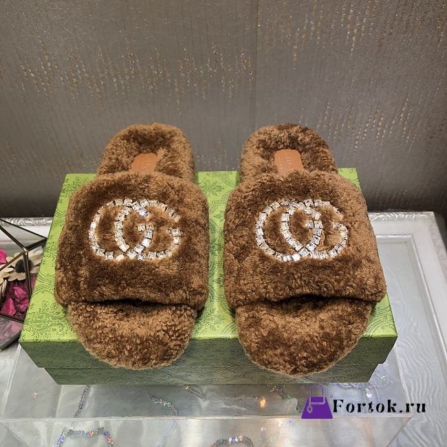 Fortok Gucci GG Logo Wool Slippers Brown - 1