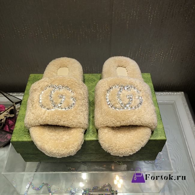 Fortok Gucci GG Logo Wool Slippers Beige - 1