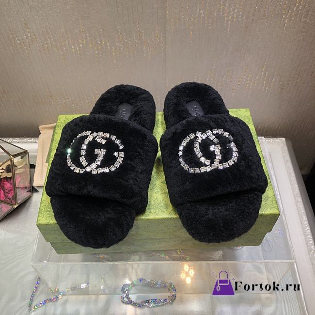 Fortok Gucci GG Logo Wool Slippers Black - 1