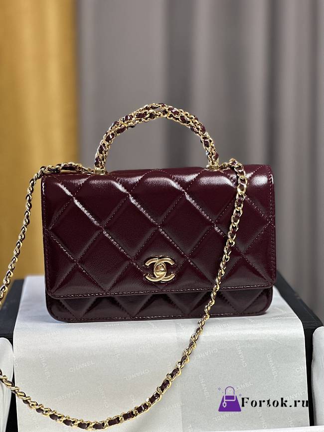 Fortok Chanel 24B twisted Chain Handle Woc Bag Burgundy 19x12x4.5cm - 1