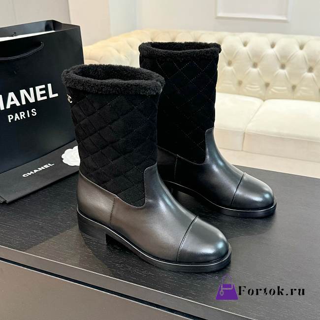 Fortok Chanel 25SS Patchwork Thick Heel Short Boots Black - 1