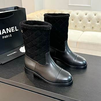 Fortok Chanel 25SS Patchwork Thick Heel Short Boots Black