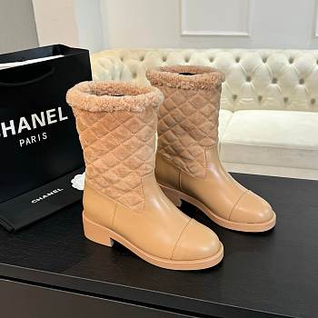 Fortok Chanel 25SS Patchwork Thick Heel Short Boots Beige