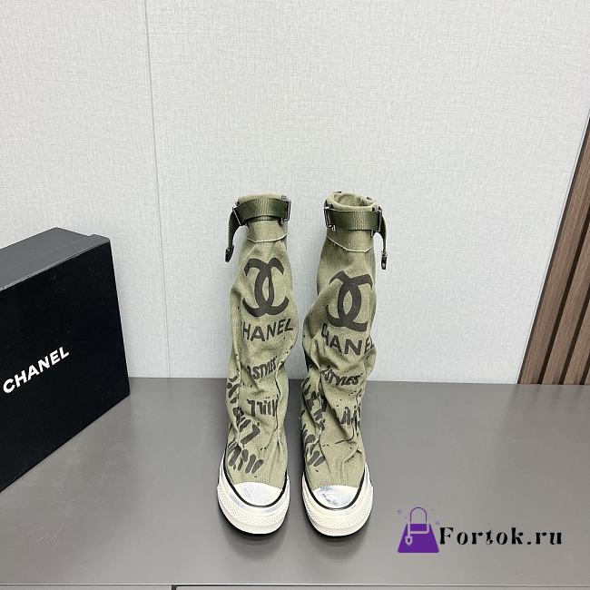 Fortok Chanel Graffiti Canvas Boots Green Khakhi - 1