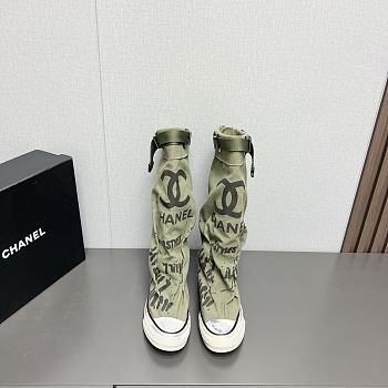 Fortok Chanel Graffiti Canvas Boots Green Khakhi