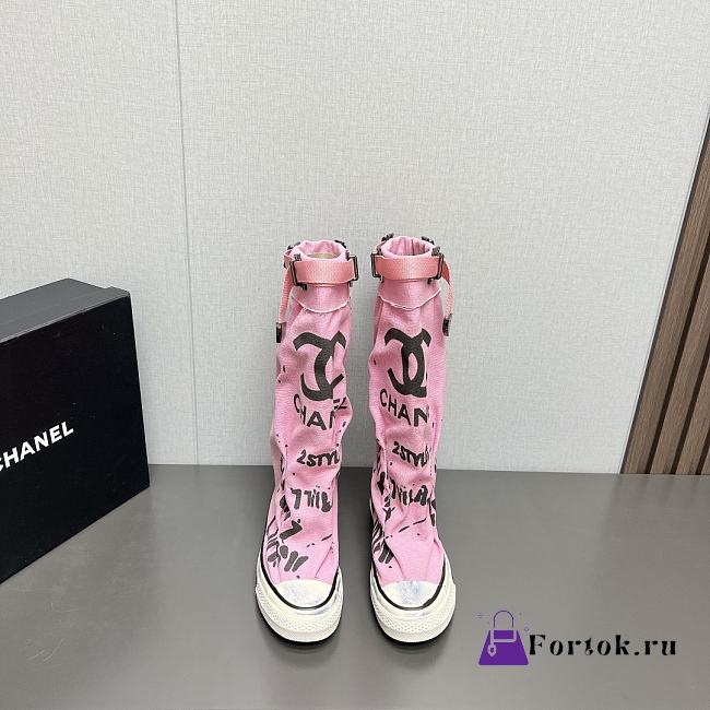 Fortok Chanel Graffiti Canvas Boots Pink - 1