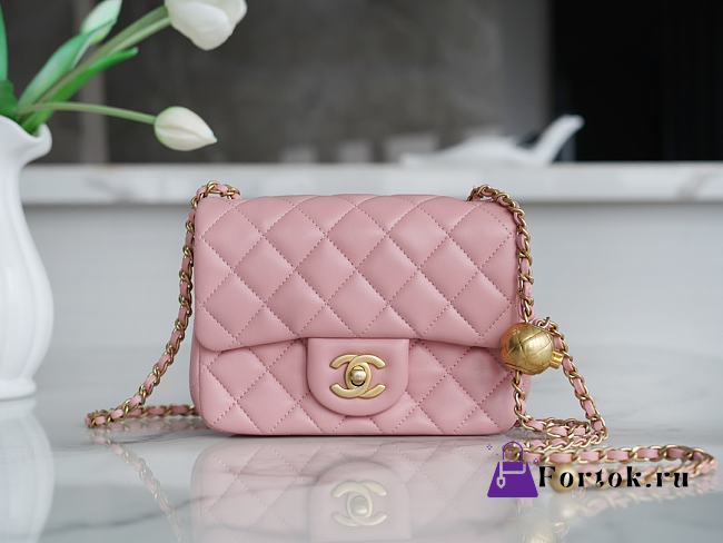 Fortok Chanel Mini Square Flap Bag With Pearl Crush Chain Pink 13x18x7cm - 1