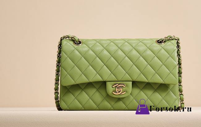 Fortok Chanel Classic Flap Caviar Leather Bag Green 15.5x25.5x6.5cm - 1