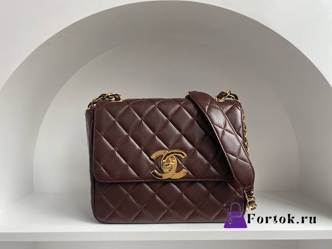 Fortok Chanel Vintage Gold Buckle CF Bag Dark Brown 25x20x9cm - 1