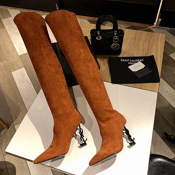 Fortok Saint Laurent Letter-Heel Pointed High-Heel Boots Brown Velvet Leather