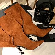 Fortok Saint Laurent Letter-Heel Pointed High-Heel Boots Brown Velvet Leather - 3