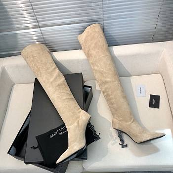 Fortok Saint Laurent Letter-Heel Pointed High-Heel Boots Beige Velvet Leather