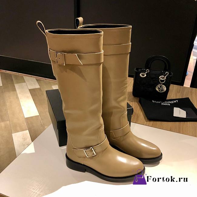 Fortok Saint Laurent High-heeled Knee-High Boots Beige - 1