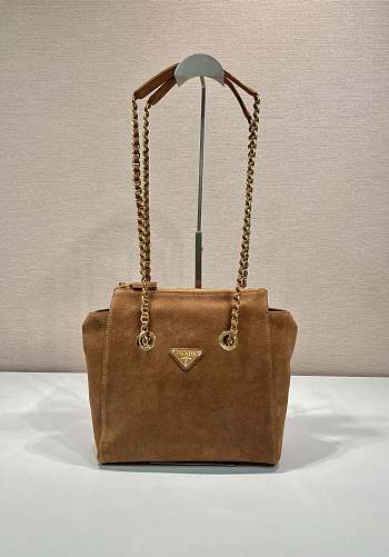 Fortok Prada Chain Shoulder Bag Suede Brown 1BD660 25x26.5x7.5cm