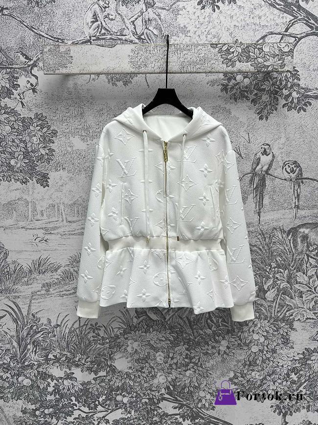 Fortok Louis Vuitton Old Flower Jacquard Hooded Waist Ruffled Jacket White - 1