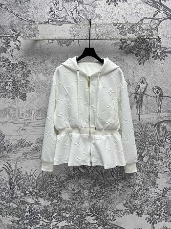 Fortok Louis Vuitton Old Flower Jacquard Hooded Waist Ruffled Jacket White