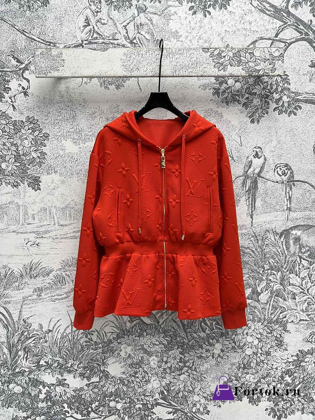 Fortok Louis Vuitton Old Flower Jacquard Hooded Waist Ruffled Jacket Red - 1