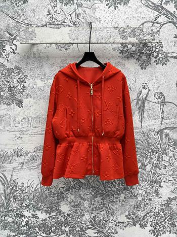 Fortok Louis Vuitton Old Flower Jacquard Hooded Waist Ruffled Jacket Red