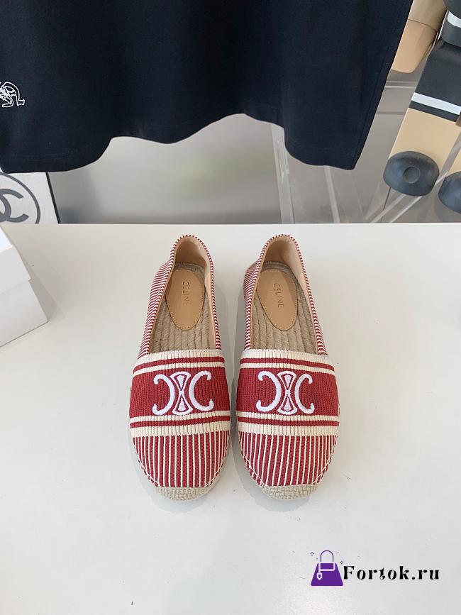 Fortok Celine Espadrilles Flat Shoes Jacquard Canvas Red & Beige  - 1