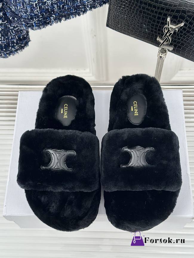 Fortok Celine Fur Slippers Black - 1