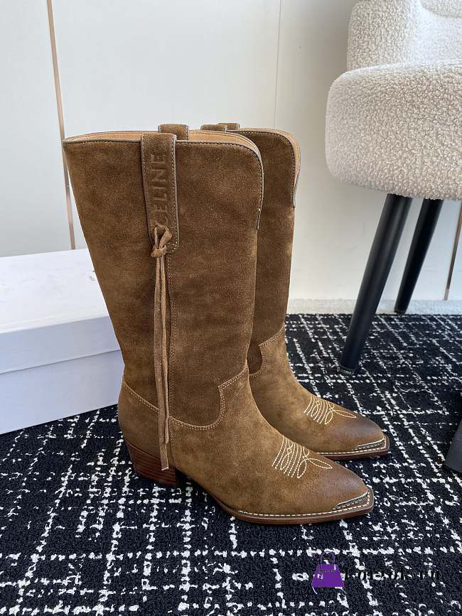 Fortok Celine Brown Velvet Knight Boots - 1
