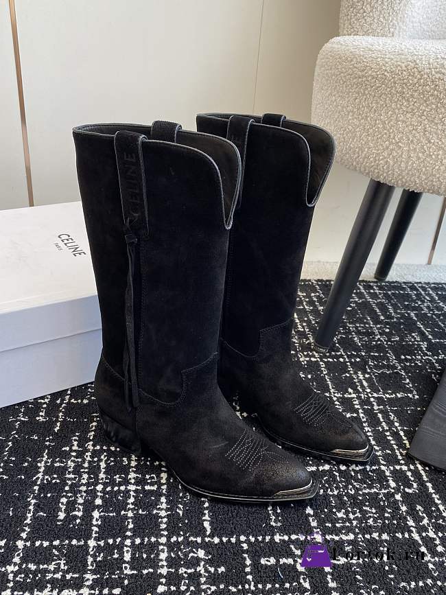 Fortok Celine Black Velvet Knight Boots - 1