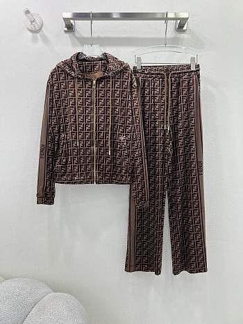 Fortok Fendi 24 FF Monogram Printed Hooded Jacket & Wide-leg Pants Set