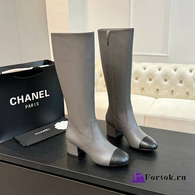 Fortok Chanel High Boots Calfskin Dark Gray & Black - 1