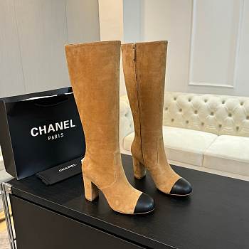 Fortok Chanel High Boots Suede Beige & Calfskin Black