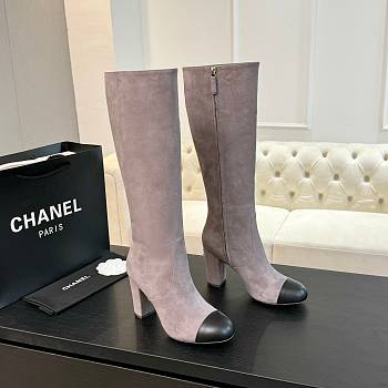 Fortok Chanel High Boots Suede Grey & Calfskin Black