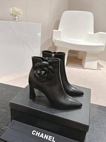 Fortok Chanel Camellia Black Leather Heeled Ankle Boots
