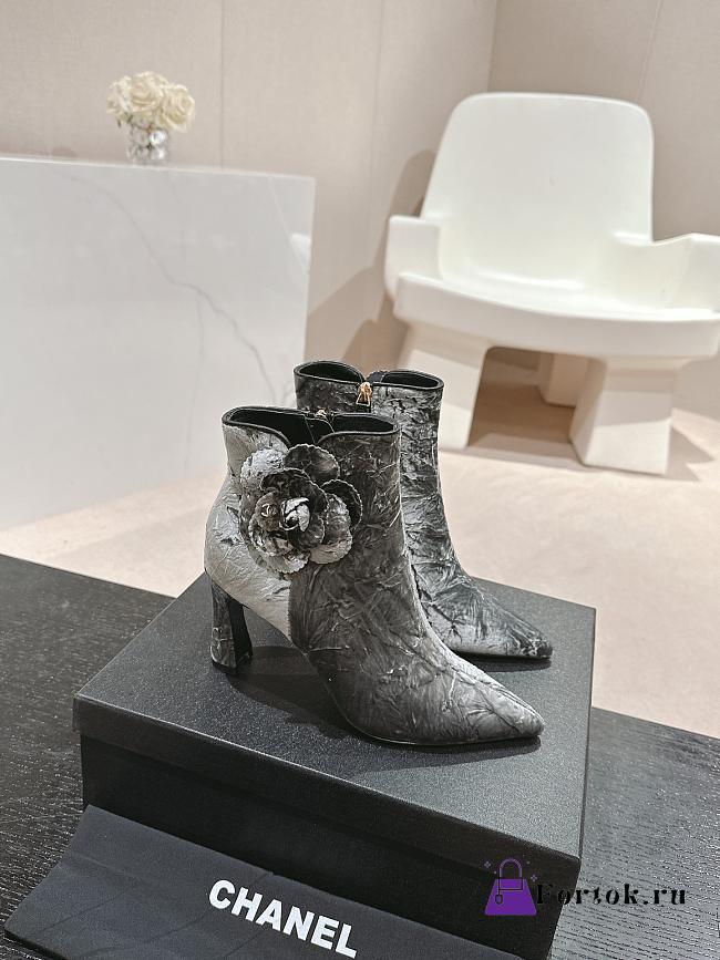 Fortok Chanel Camellia Grey Suede Heeled Ankle Boots - 1