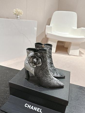 Fortok Chanel Camellia Grey Suede Heeled Ankle Boots