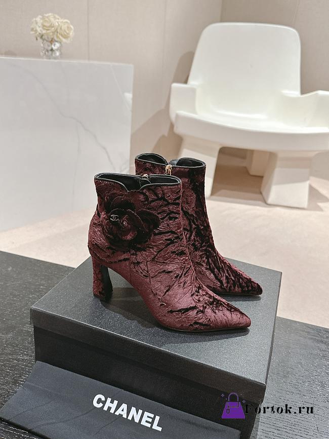 Fortok Chanel Camellia Burgundy Suede Heeled Ankle Boots - 1
