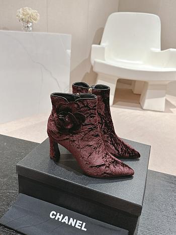 Fortok Chanel Camellia Burgundy Suede Heeled Ankle Boots