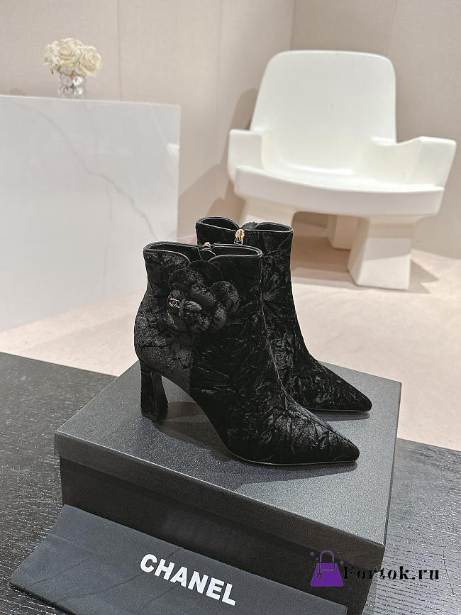 Fortok Chanel Camellia Black Suede Heeled Ankle Boots - 1