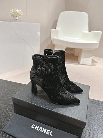 Fortok Chanel Camellia Black Suede Heeled Ankle Boots