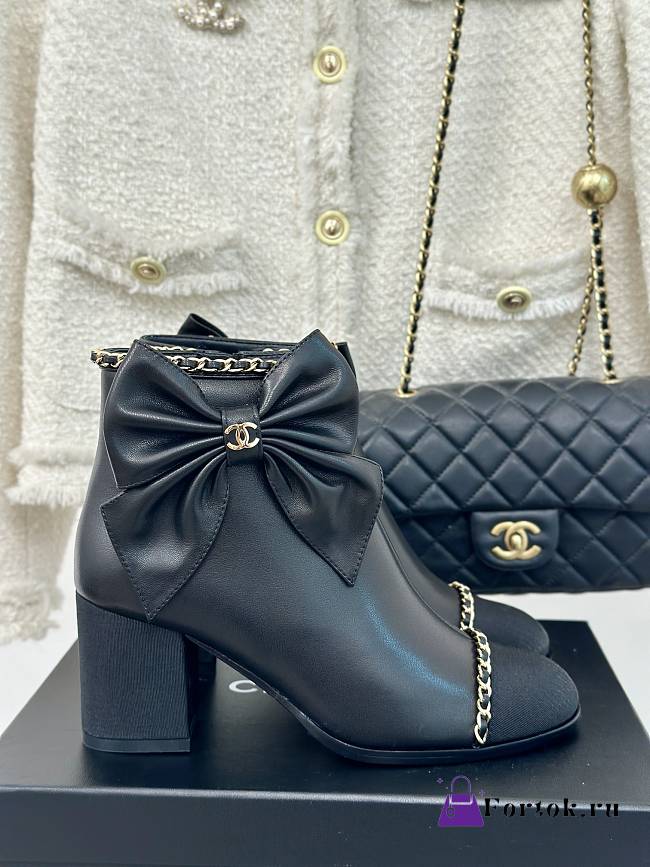 Fortok Chanel Bow Knot Double C Ankle Boots Black - 1