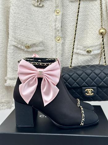 Fortok Chanel Pink Bow Knot Double C Ankle Boots Black