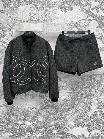 Fortok Chanel Stand-up Collar Zip-up Jacket With High Waist Shorts