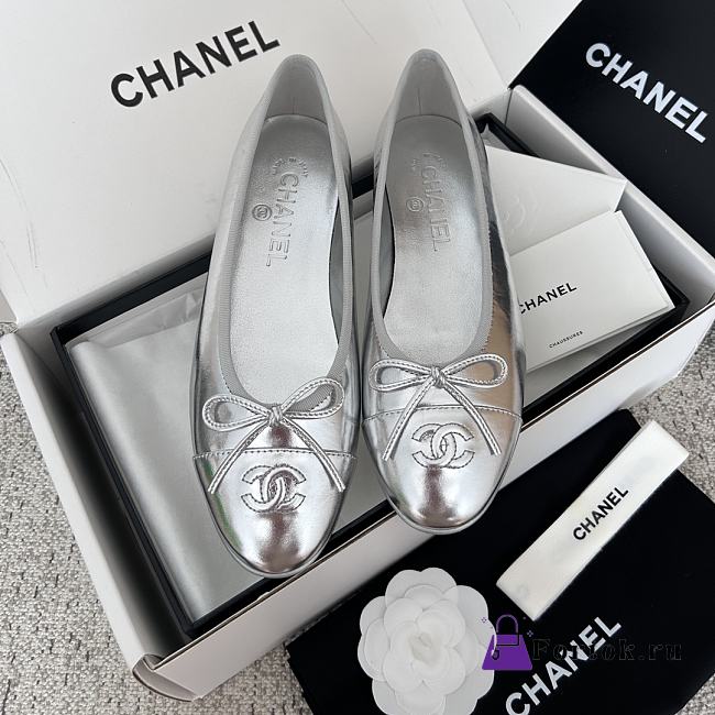 Fortok Chanel Silver Ballerinas Ballet Flat Shoes - 1