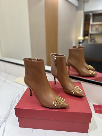 Fortok Valentino Garavani Rockstud Pointed Toe Brown Leather Ankle Boot
