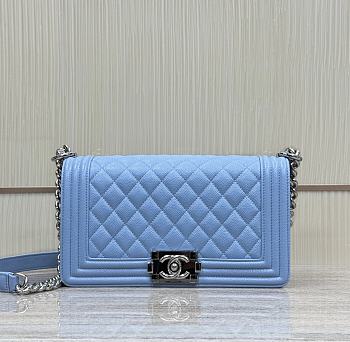 Fortok Chanel Leboy Grained Leather Gold-tone Metal Bag in Blue 25x15x9cm 