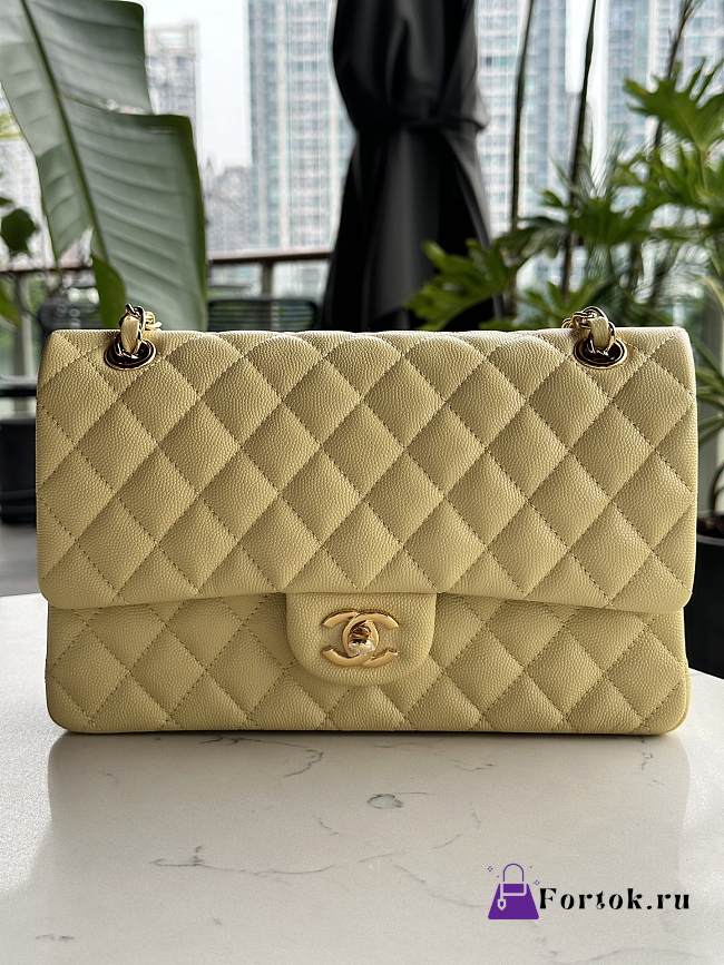 Fortok Chanel Classic Flap Bag Yellow Caviar Leather Gold/Silver Hardware 01112 25cm - 1