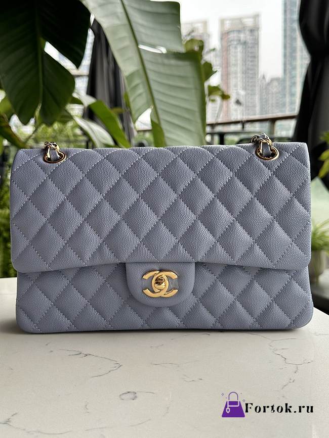 Fortok Chanel Classic Flap Bag Grey Caviar Leather Gold/Silver Hardware 01112 25cm - 1