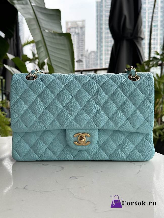 Fortok Chanel Classic Flap Bag Blue Caviar Leather Gold/Silver Hardware 01112 25cm - 1