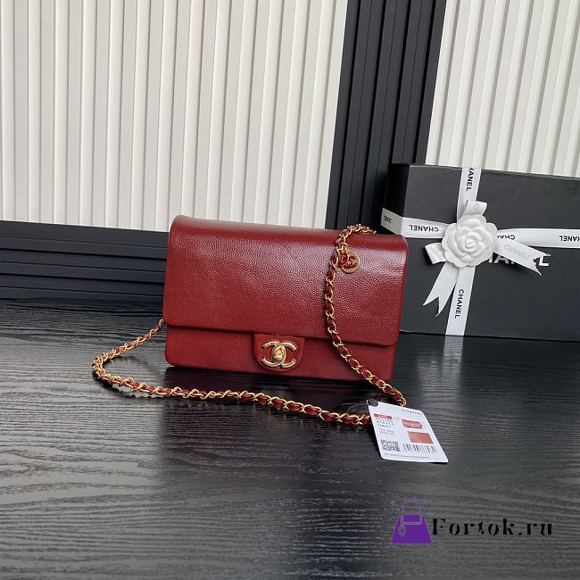 Fortok Chanel 24K Small Flap Bag Grain Shiny Calfskin Red AS5186 15×23×8cm - 1
